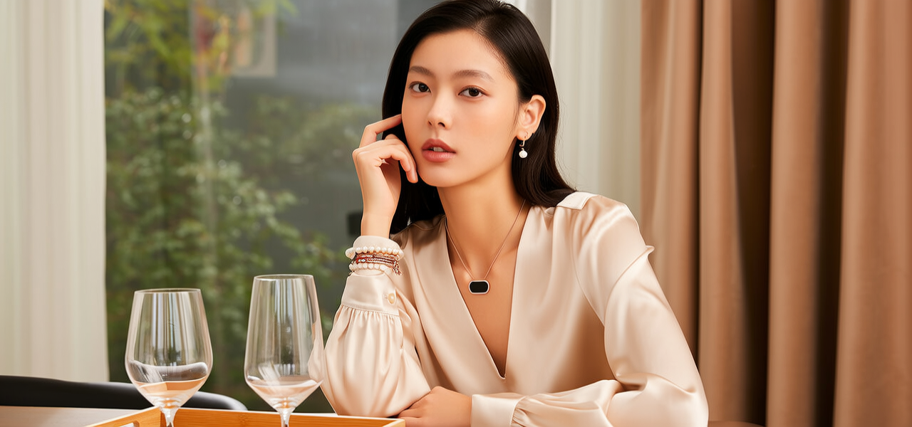 生活瞬间，美女，韩系美女，丝绸，美妆广告，家庭餐桌，4K超清，写实风格，温馨，柔和室内光，细腻皮肤，项链，耳环，手链。